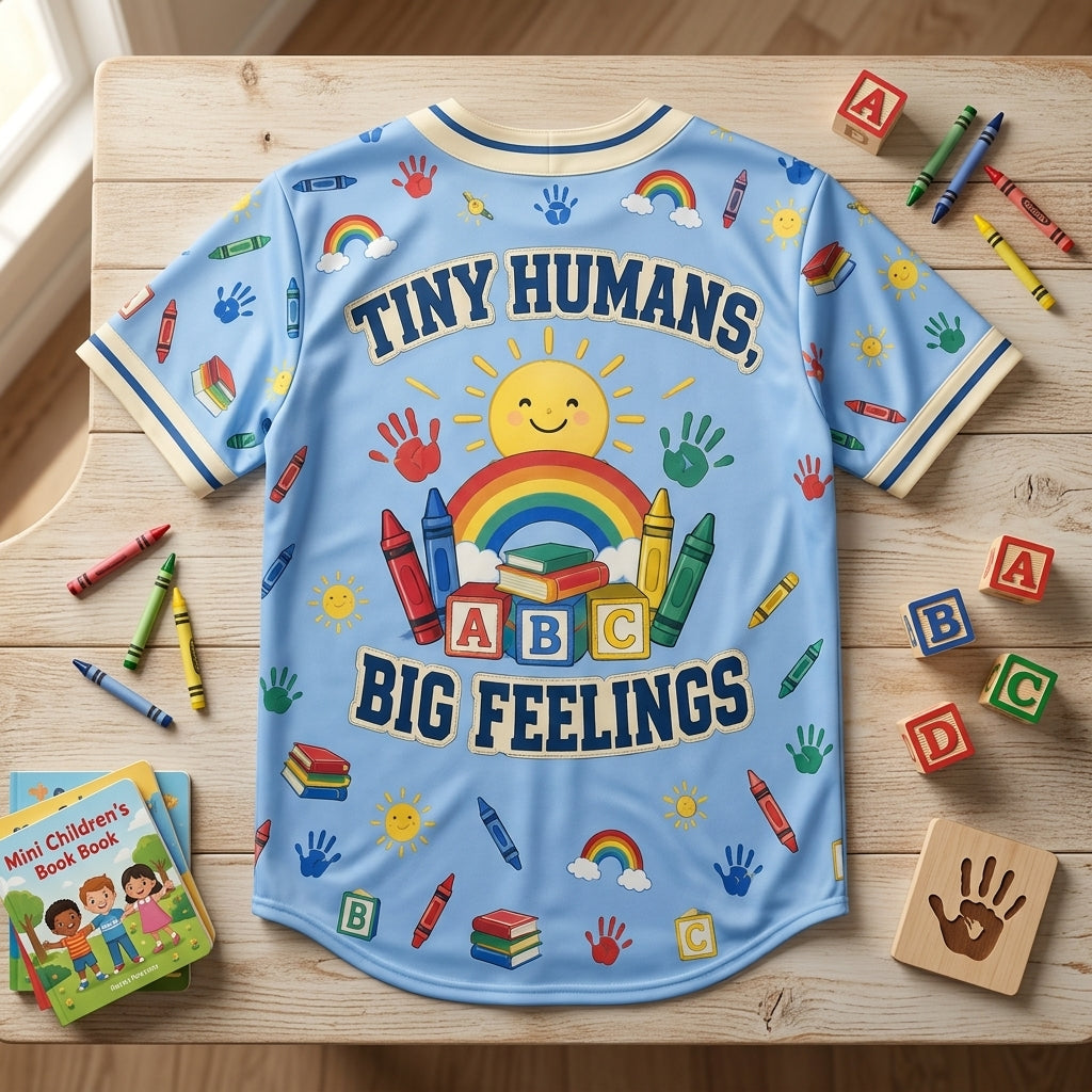 Preschool Teacher Tiny Humans Big Feelings Baseball Jersey - Cute Educator Gift - mockup 5