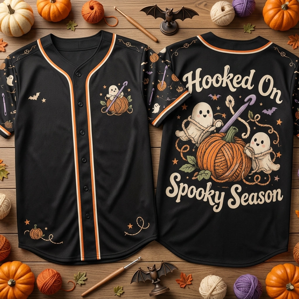 Hooked On Spooky Season Halloween Crochet Baseball Jersey – Cute Ghost Yarn Gift - mockup 1