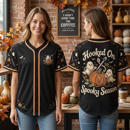 Hooked On Spooky Season Halloween Crochet Baseball Jersey – Cute Ghost Yarn Gift - mockup 2