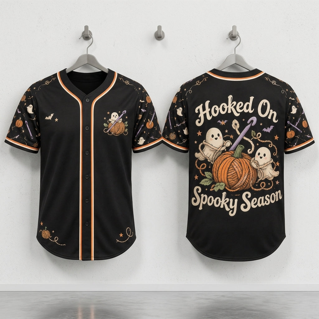 Hooked On Spooky Season Halloween Crochet Baseball Jersey – Cute Ghost Yarn Gift - mockup 3