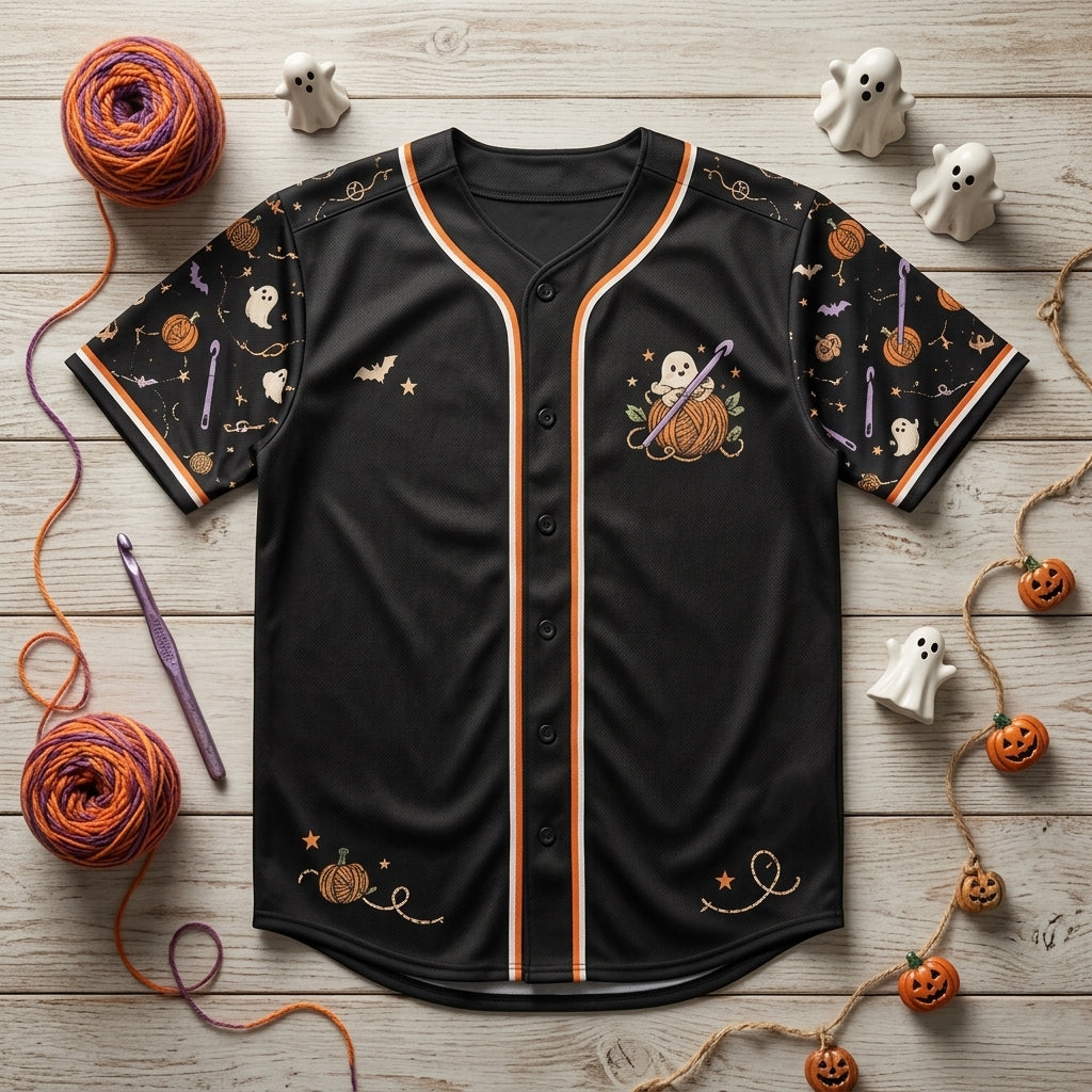 Hooked On Spooky Season Halloween Crochet Baseball Jersey – Cute Ghost Yarn Gift - mockup 4