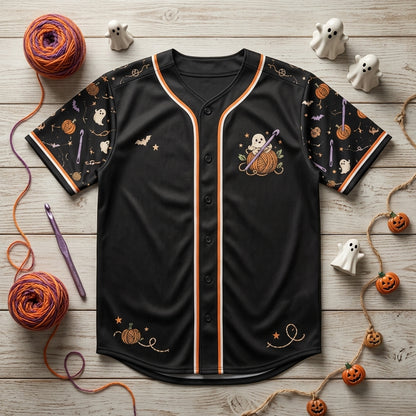 Hooked On Spooky Season Halloween Crochet Baseball Jersey – Cute Ghost Yarn Gift - mockup 4