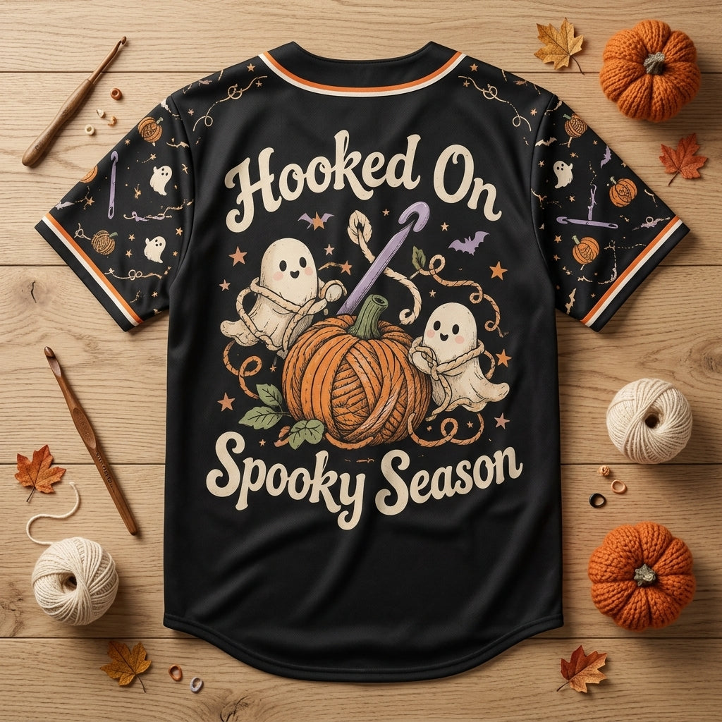 Hooked On Spooky Season Halloween Crochet Baseball Jersey – Cute Ghost Yarn Gift - mockup 5