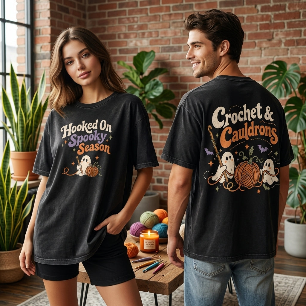 Crochet & Cauldrons Halloween Crochet T-shirt Sweatshirt Hoodie - Retro Ghost Crafter Gift - mockup 1