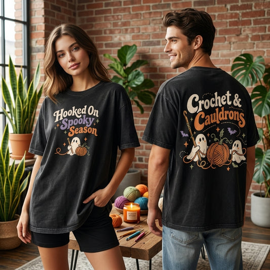 Crochet & Cauldrons Halloween Crochet T-shirt Sweatshirt Hoodie - Retro Ghost Crafter Gift - mockup 1