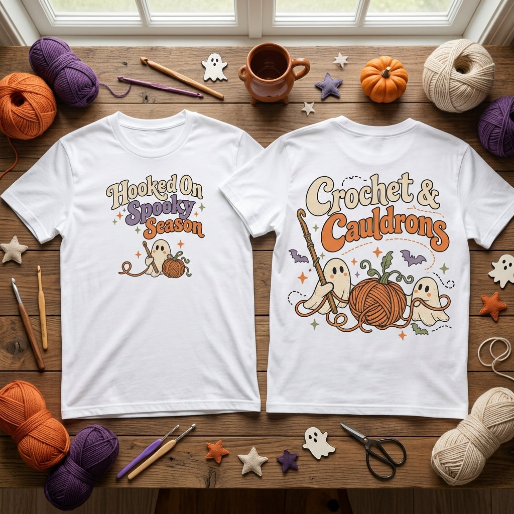 Crochet & Cauldrons Halloween Crochet T-shirt Sweatshirt Hoodie - Retro Ghost Crafter Gift - mockup 2