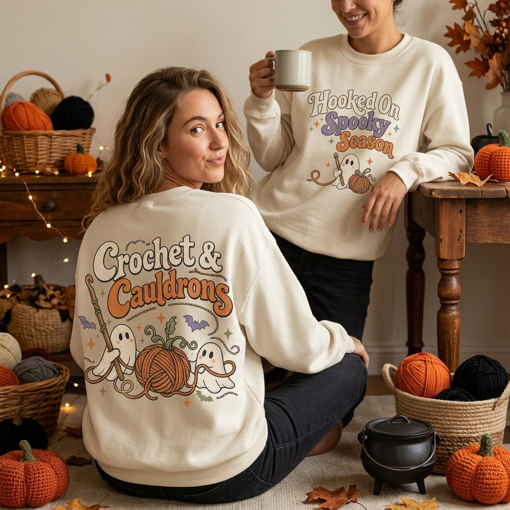 Crochet & Cauldrons Halloween Crochet T-shirt Sweatshirt Hoodie - Retro Ghost Crafter Gift - mockup 3