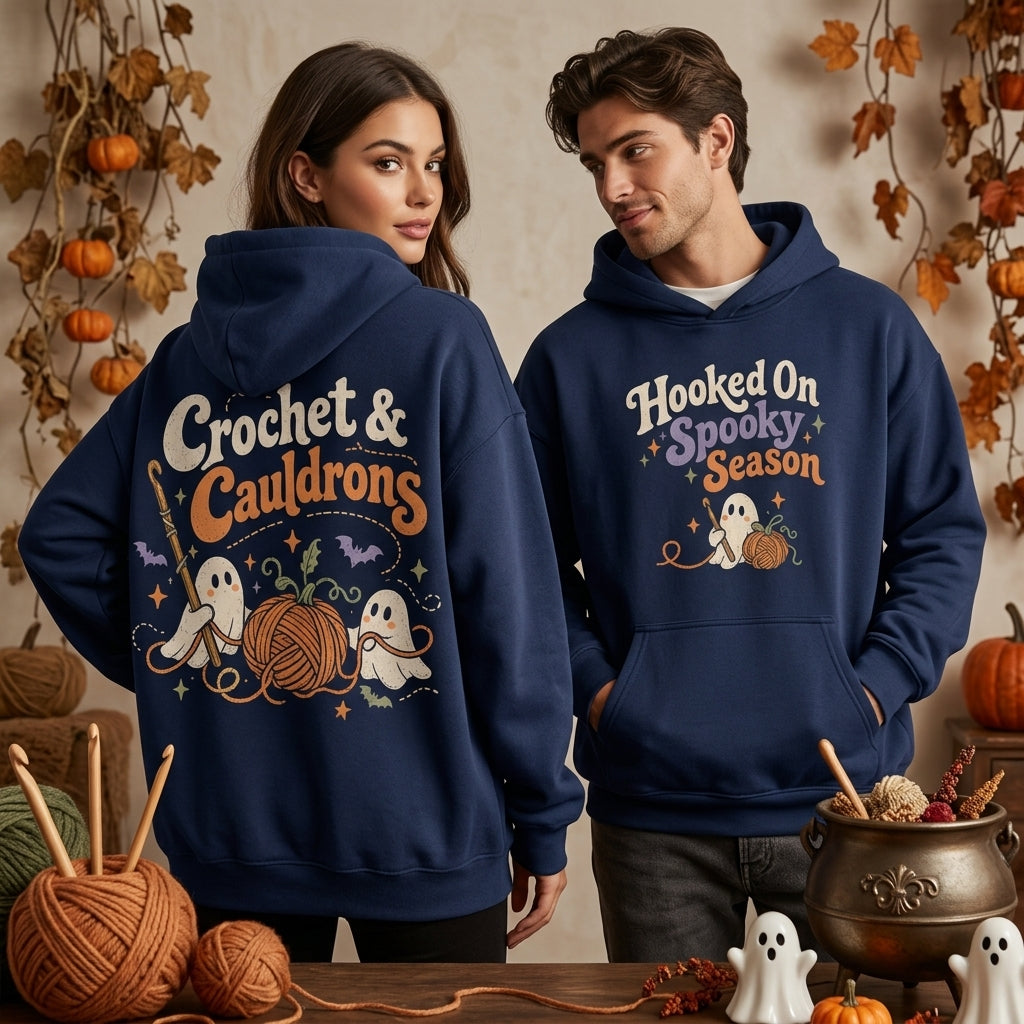 Crochet & Cauldrons Halloween Crochet T-shirt Sweatshirt Hoodie - Retro Ghost Crafter Gift - mockup 4