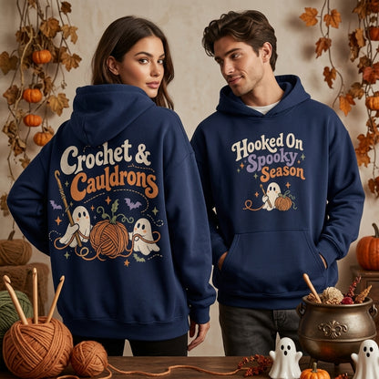Crochet & Cauldrons Halloween Crochet T-shirt Sweatshirt Hoodie - Retro Ghost Crafter Gift - mockup 4