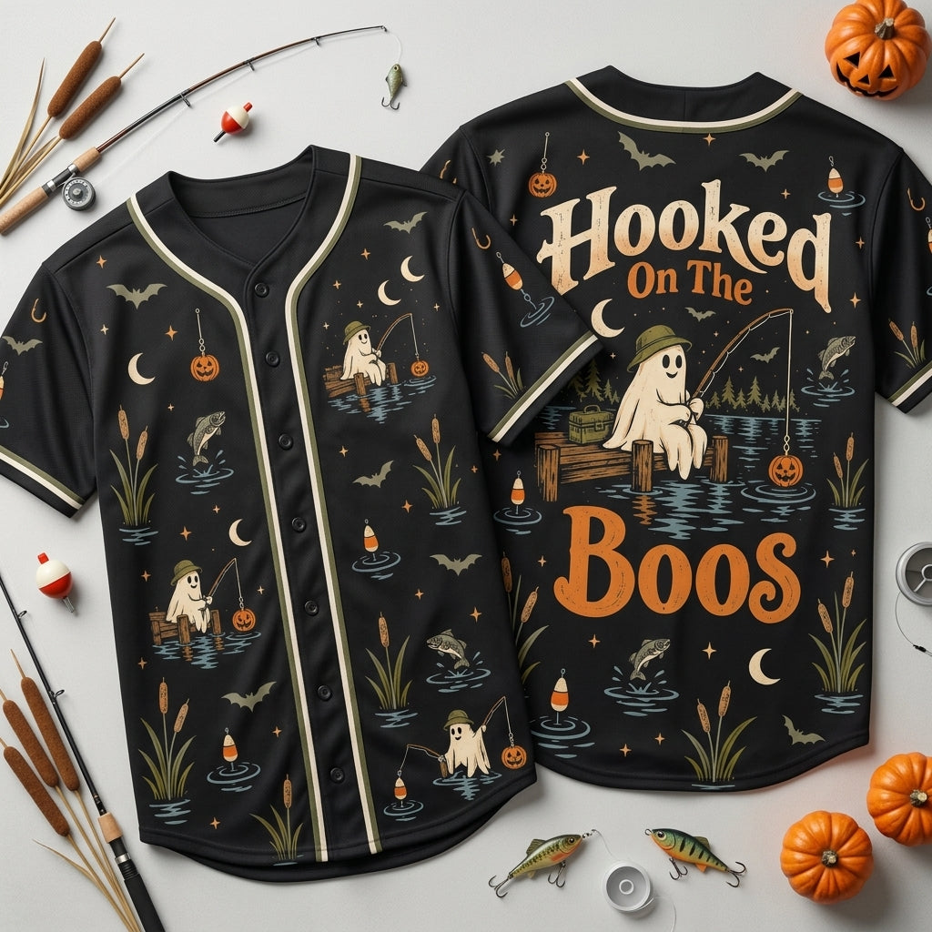 Hooked On The Boos Halloween Fishing Baseball Jersey – Funny Ghost Gift - mockup 1