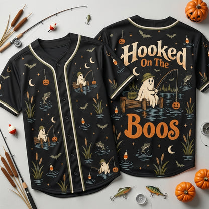 Hooked On The Boos Halloween Fishing Baseball Jersey – Funny Ghost Gift - mockup 1