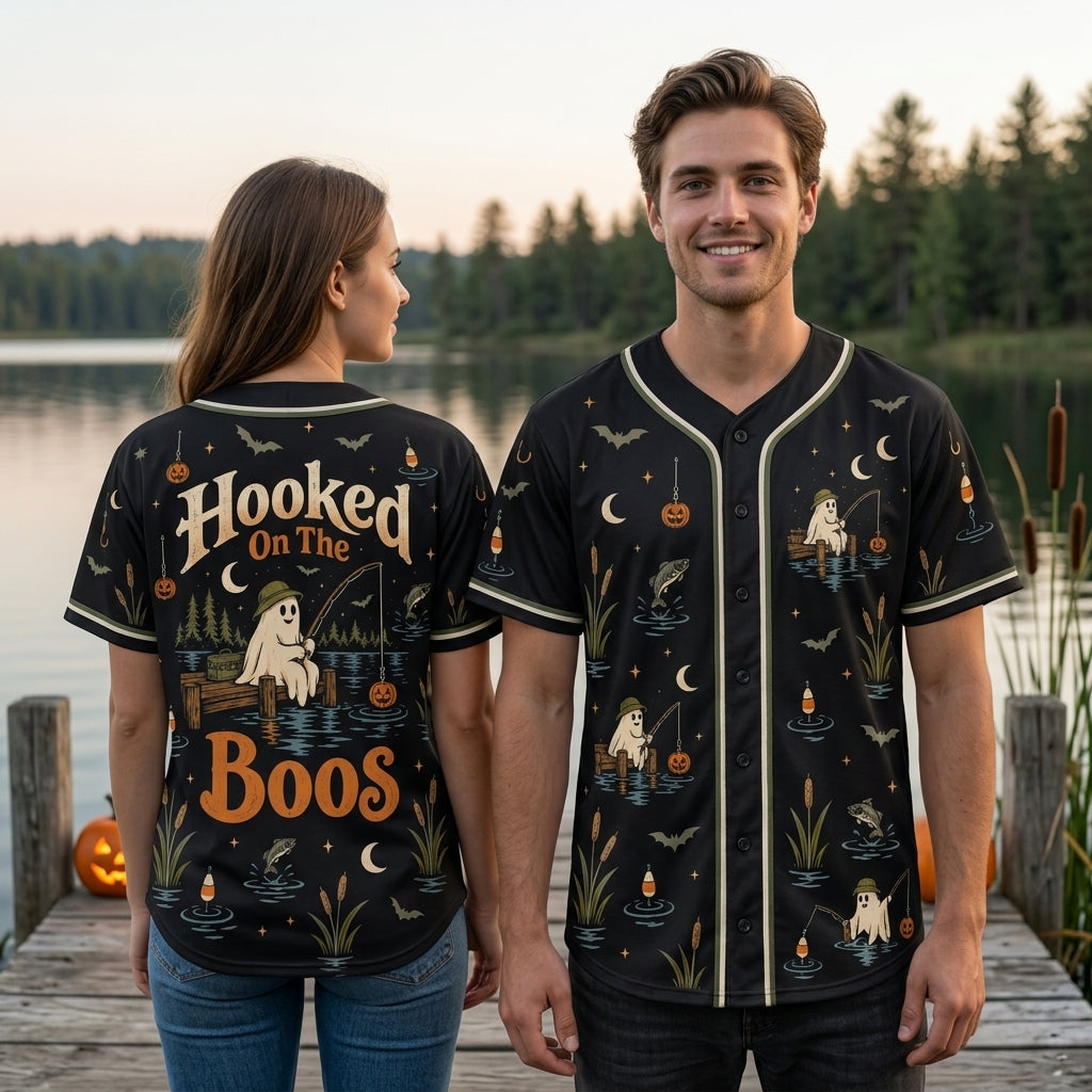 Hooked On The Boos Halloween Fishing Baseball Jersey – Funny Ghost Gift - mockup 2