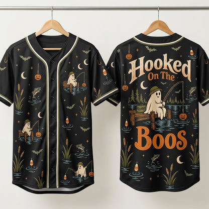 Hooked On The Boos Halloween Fishing Baseball Jersey – Funny Ghost Gift - mockup 3