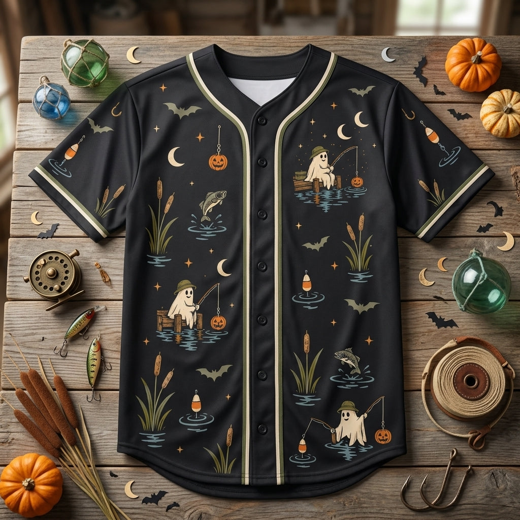 Hooked On The Boos Halloween Fishing Baseball Jersey – Funny Ghost Gift - mockup 4