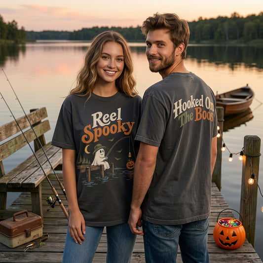 Reel Spooky Ghost Halloween Fishing T-shirt Sweatshirt Hoodie – Funny Angler Gift - mockup 1