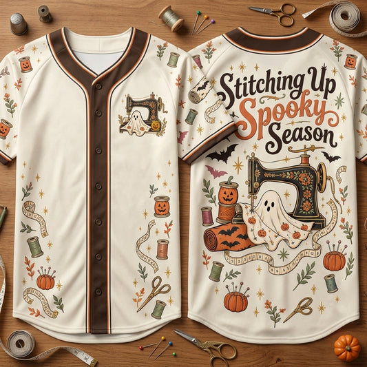 Stitching Up Spooky Season Halloween Sewing Baseball Jersey for Crafters - mockup 1
