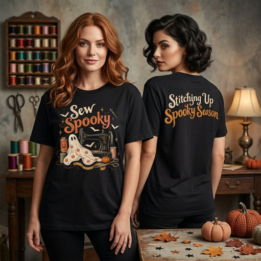 Sew Spooky Halloween Sewing Machine T-shirt Sweatshirt Hoodie - Cute Ghost Crafter Gift - mockup 1