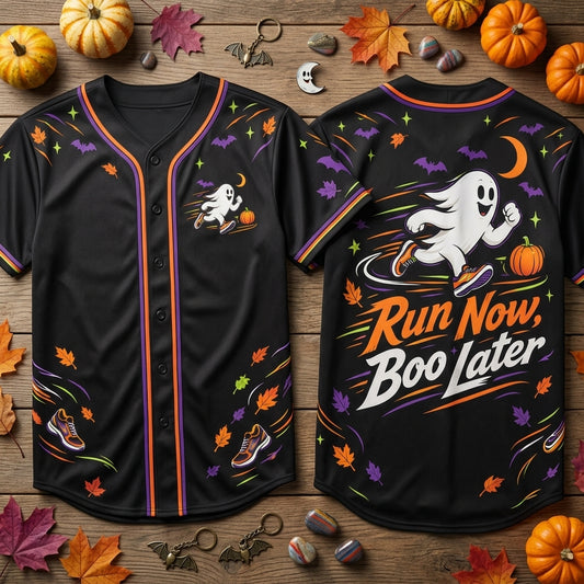 Run Now Boo Later Halloween Running Baseball Jersey - Spooky Ghost Athletic Shirt for Men & Women - mockup 1