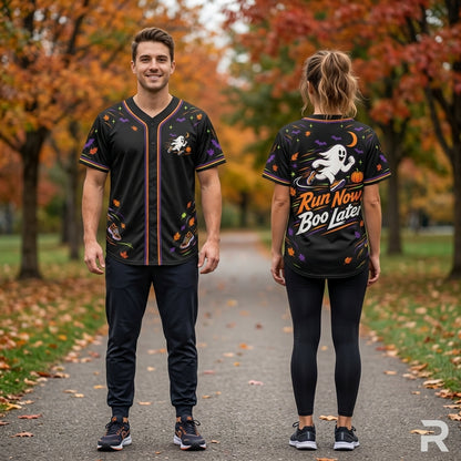 Run Now Boo Later Halloween Running Baseball Jersey - Spooky Ghost Athletic Shirt for Men & Women - mockup 2