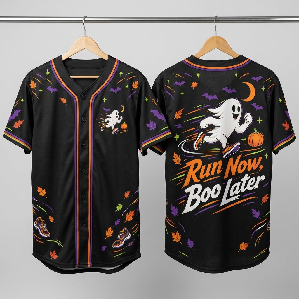 Run Now Boo Later Halloween Running Baseball Jersey - Spooky Ghost Athletic Shirt for Men & Women - mockup 3