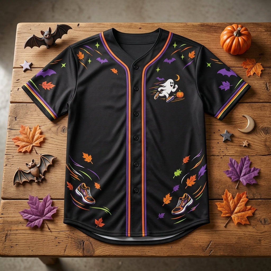 Run Now Boo Later Halloween Running Baseball Jersey - Spooky Ghost Athletic Shirt for Men & Women - mockup 4