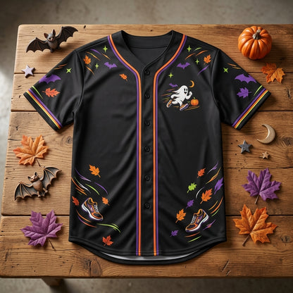 Run Now Boo Later Halloween Running Baseball Jersey - Spooky Ghost Athletic Shirt for Men & Women - mockup 4
