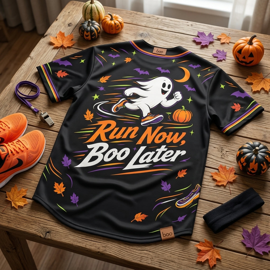 Run Now Boo Later Halloween Running Baseball Jersey - Spooky Ghost Athletic Shirt for Men & Women - mockup 5