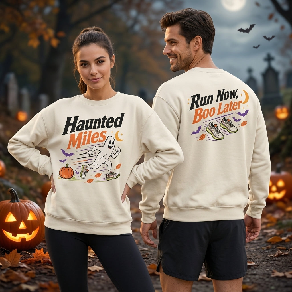 Haunted Miles Halloween Running T-shirt Sweatshirt Hoodie - Ghost Runner Fitness Gift - mockup 3