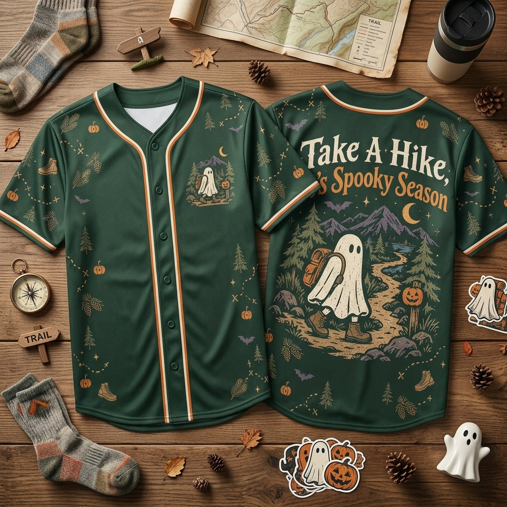 Take A Hike It's Spooky Season Halloween Hiking Baseball Jersey - Unisex Ghost Hiker Gear - mockup 1