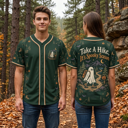 Take A Hike It's Spooky Season Halloween Hiking Baseball Jersey - Unisex Ghost Hiker Gear - mockup 2