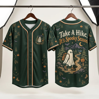 Take A Hike It's Spooky Season Halloween Hiking Baseball Jersey - Unisex Ghost Hiker Gear - mockup 3
