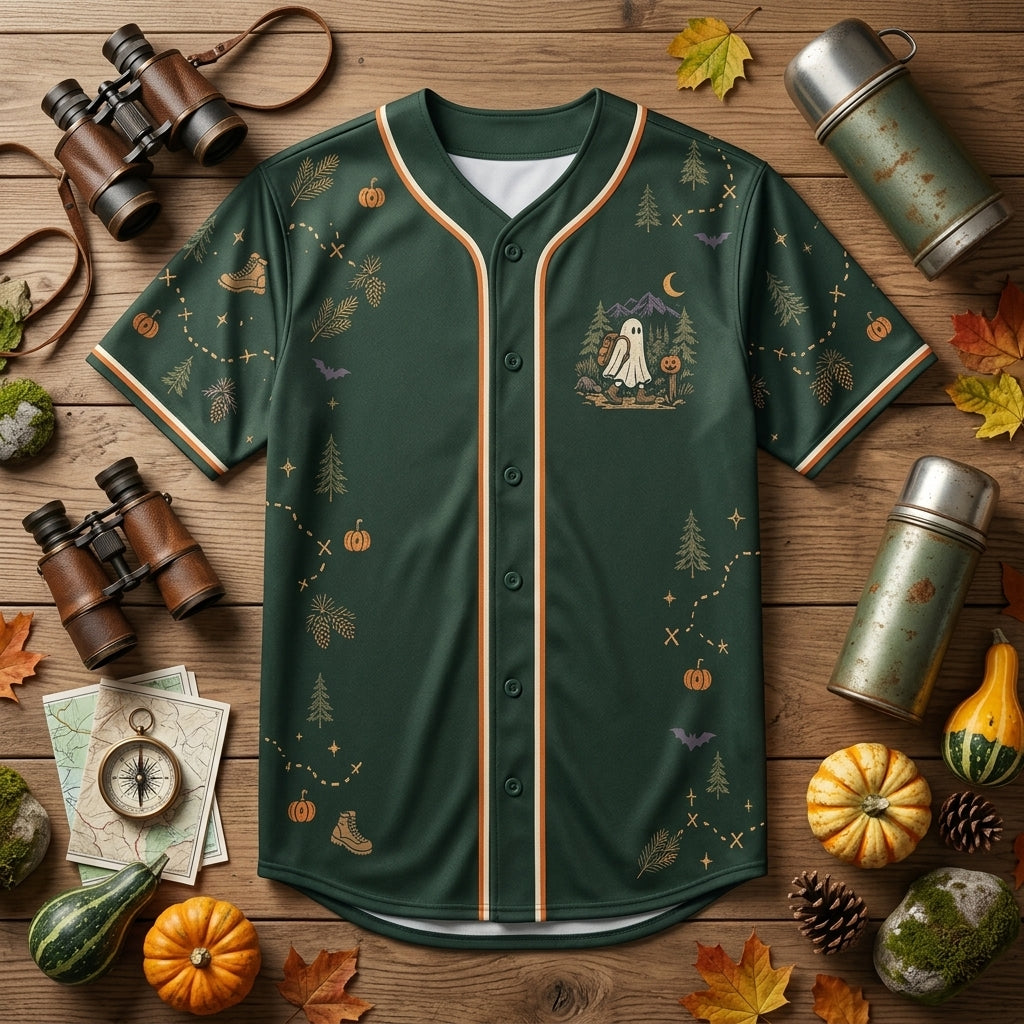 Take A Hike It's Spooky Season Halloween Hiking Baseball Jersey - Unisex Ghost Hiker Gear - mockup 4