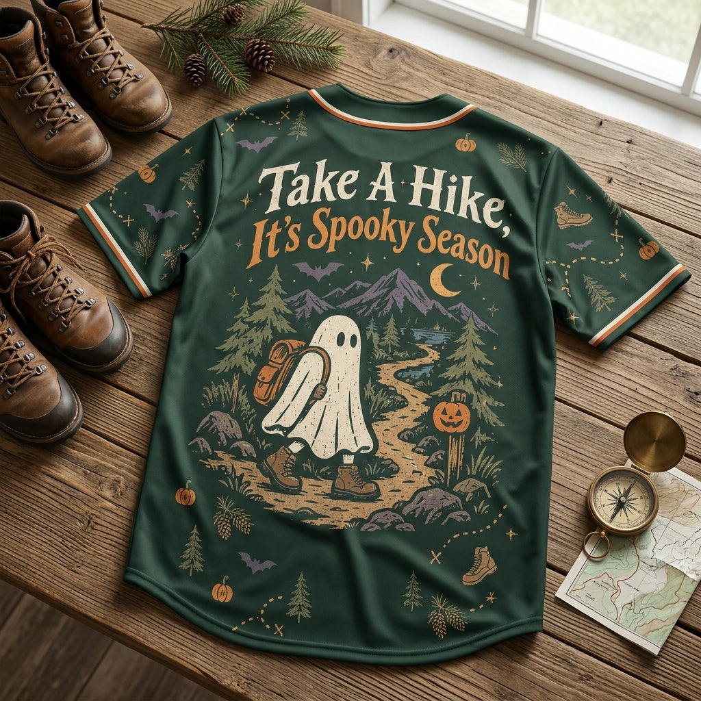Take A Hike It's Spooky Season Halloween Hiking Baseball Jersey - Unisex Ghost Hiker Gear - mockup 5