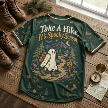 Take A Hike It's Spooky Season Halloween Hiking Baseball Jersey - Unisex Ghost Hiker Gear - mockup 5