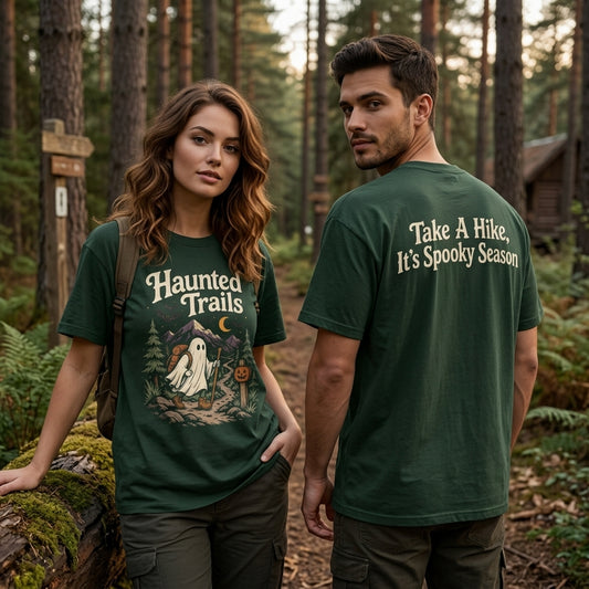 Haunted Trails Ghost Hiker Halloween Hiking T-shirt Sweatshirt Hoodie – Spooky Season Gift - mockup 1