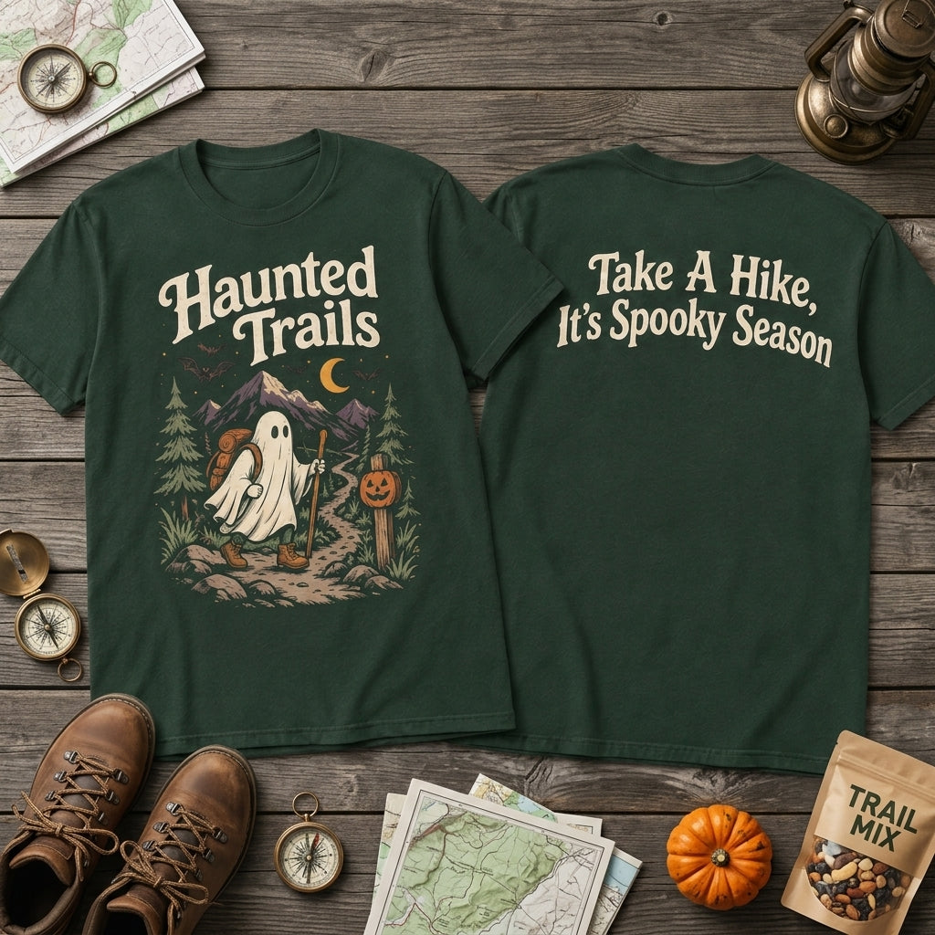 Haunted Trails Ghost Hiker Halloween Hiking T-shirt Sweatshirt Hoodie – Spooky Season Gift - mockup 2