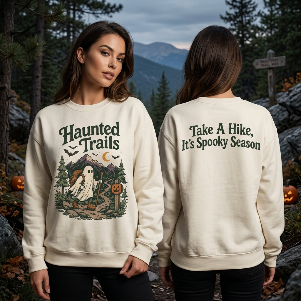 Haunted Trails Ghost Hiker Halloween Hiking T-shirt Sweatshirt Hoodie – Spooky Season Gift - mockup 3