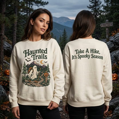 Haunted Trails Ghost Hiker Halloween Hiking T-shirt Sweatshirt Hoodie – Spooky Season Gift - mockup 3