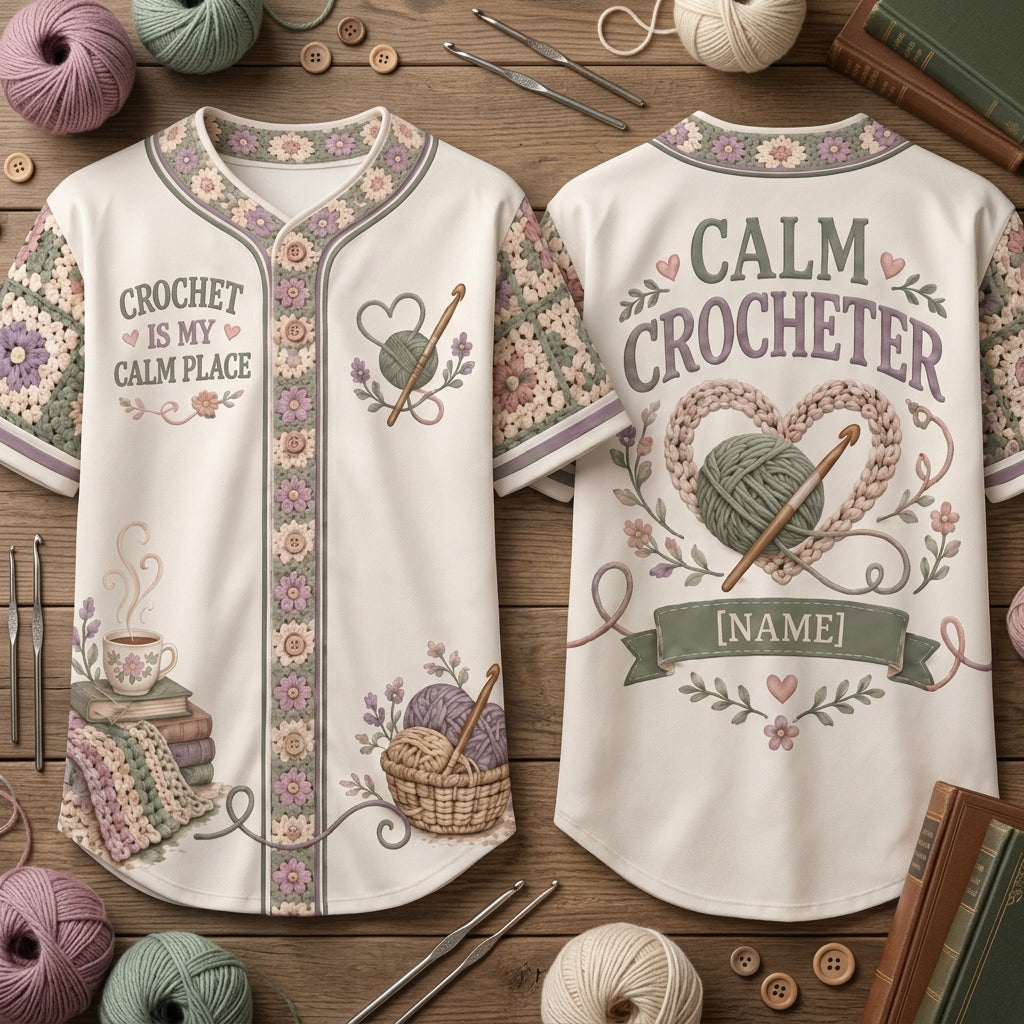 Personalized Crochet Is My Calm Place Baseball Jersey – Gift for Crocheters - mockup 1