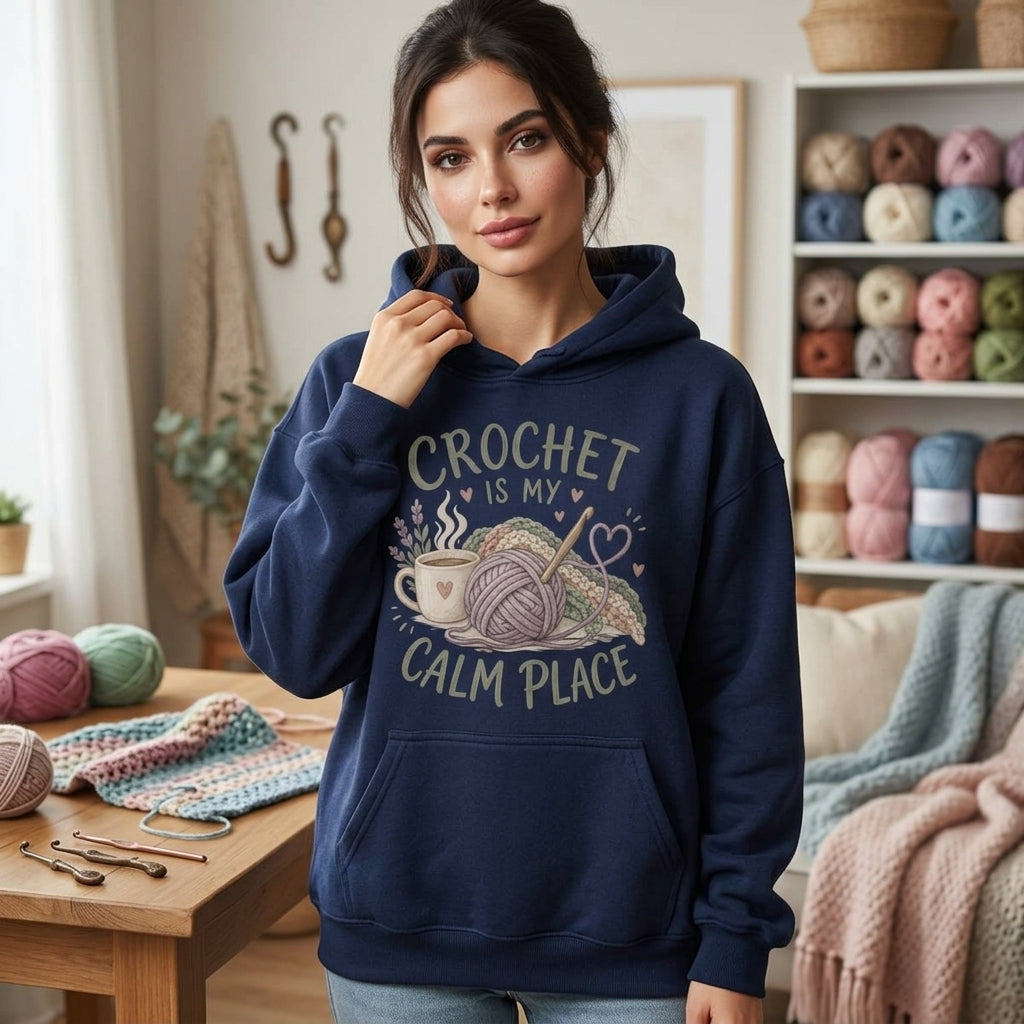 Crochet Is My Calm Place T-shirt Sweatshirt Hoodie – Cozy Yarn Lover Gift - mockup 3