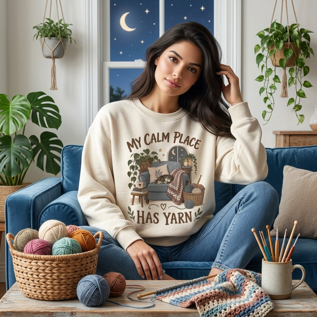 My Calm Place Has Yarn Introvert Crocheter T-shirt Sweatshirt Hoodie – Cozy Crafting Gift - mockup 2