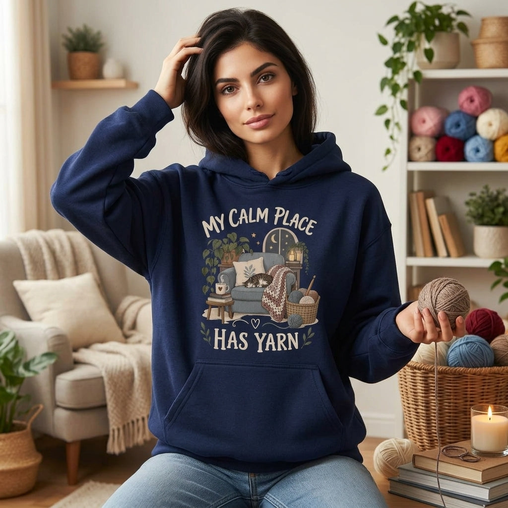 My Calm Place Has Yarn Introvert Crocheter T-shirt Sweatshirt Hoodie – Cozy Crafting Gift - mockup 3
