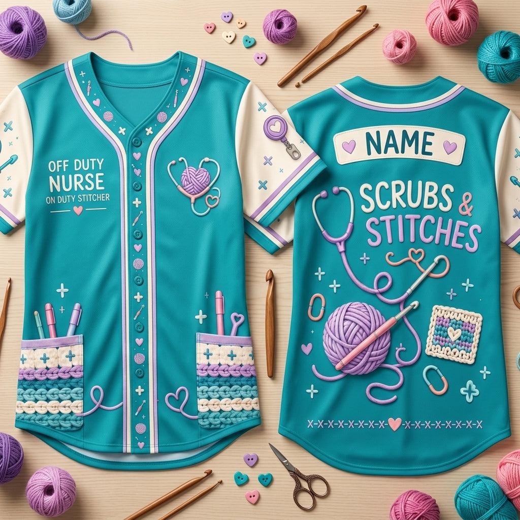 Personalized Crochet Nurse Baseball Jersey - Scrubs & Stitches Off Duty Gift - mockup 1