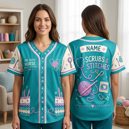 Personalized Crochet Nurse Baseball Jersey - Scrubs & Stitches Off Duty Gift - mockup 2