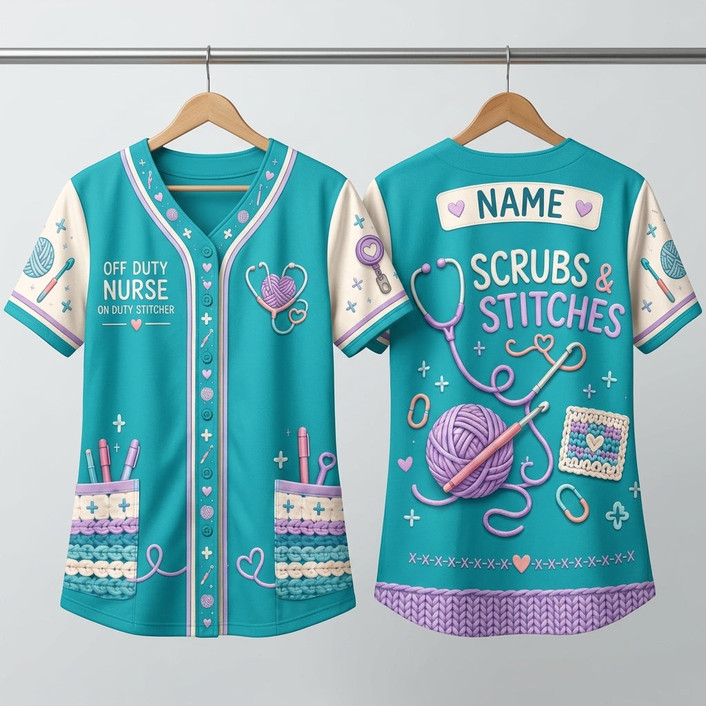 Personalized Crochet Nurse Baseball Jersey - Scrubs & Stitches Off Duty Gift - mockup 3