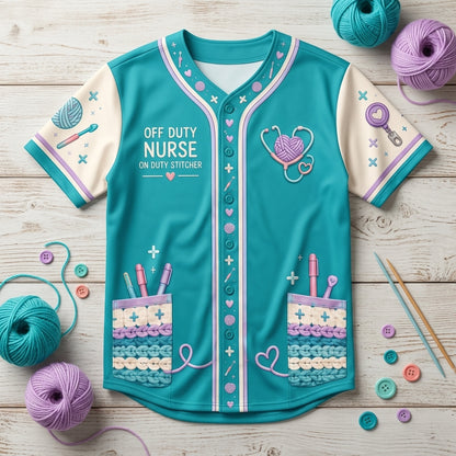 Personalized Crochet Nurse Baseball Jersey - Scrubs & Stitches Off Duty Gift - mockup 4