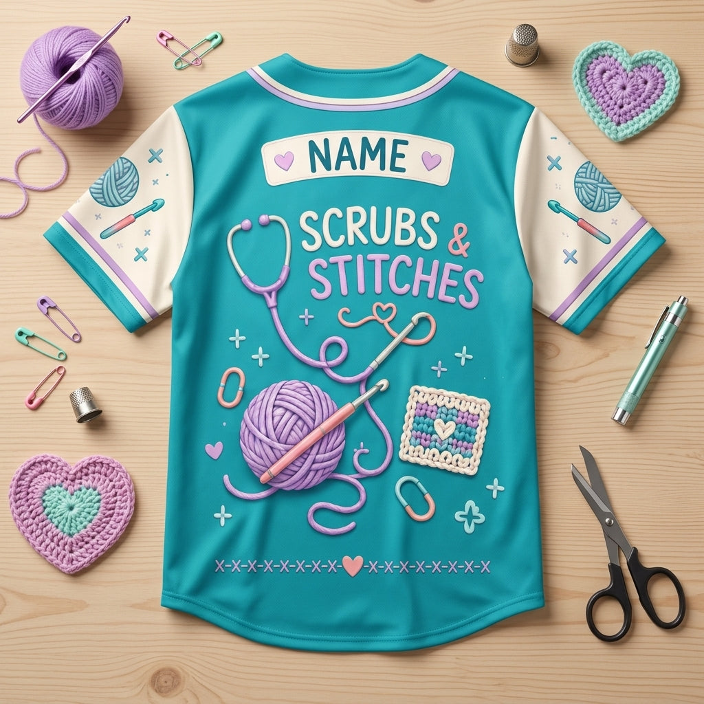 Personalized Crochet Nurse Baseball Jersey - Scrubs & Stitches Off Duty Gift - mockup 5