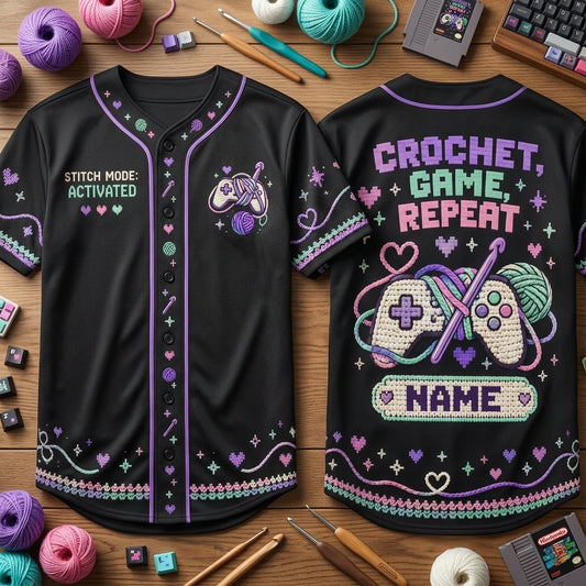 Personalized Crochet Gamer Baseball Jersey - Stitch Mode Activated Gaming Gift - mockup 1
