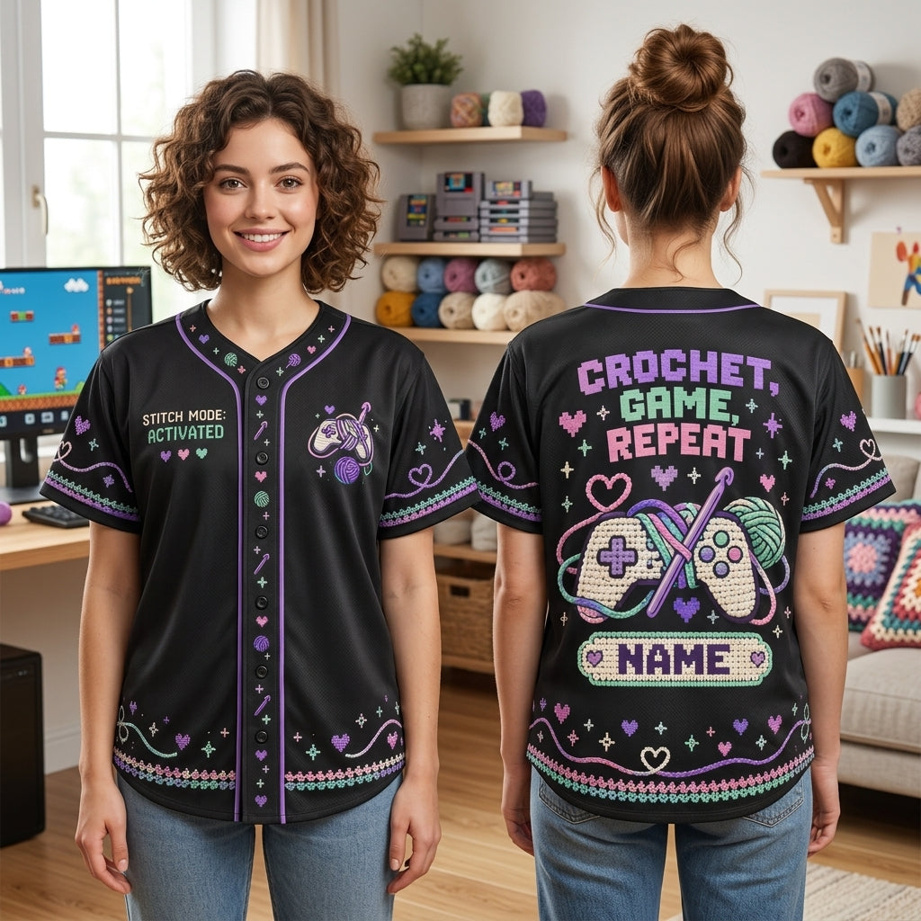 Personalized Crochet Gamer Baseball Jersey - Stitch Mode Activated Gaming Gift - mockup 2
