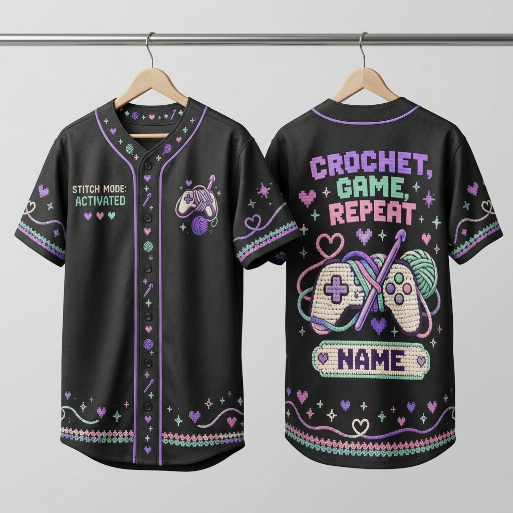 Personalized Crochet Gamer Baseball Jersey - Stitch Mode Activated Gaming Gift - mockup 3